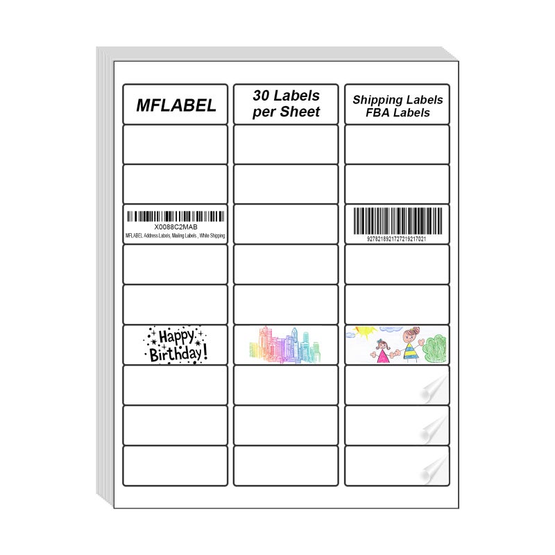 MFLABEL ملصقات العناوين MFLABEL، 1" × 2-5/8 ملصقات بريدية، 30-علوي ملصقات شحن بيضاء لطابعة الحبر أو الليزر، 3000 ملصق (100 ورقة)، 30 ملصق لكل ورقة - Image 1